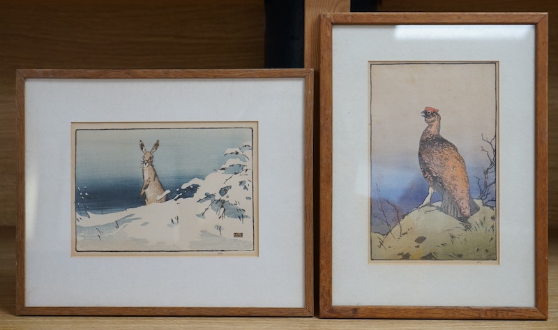 Allen W. Seaby (1867-1953), two woodcuts in colour, comprising Hare in snow and Red Grouse, each monogrammed in pencil, 19.5 x 12.5cm. Condition - some spots of foxing